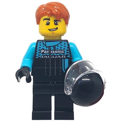 Mini figurka LEGO Speed Champions kierowca wyścigowy Jaguar Panasonic GEN2 w czarno-niebieskim (black / medium azure) i z czarnym kaskiem w dłoni.