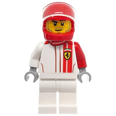 Mini figurka LEGO Speed Champions kierowca wyścigowy Ferrari F40 w biało-czerwonym stroju z logo Ferrari.