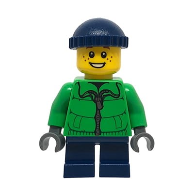 Mini figurka LEGO City chłopiec - dziecko w zimowej kurtce i z ciemnoniebieskimi, krótkimi nóżkami.