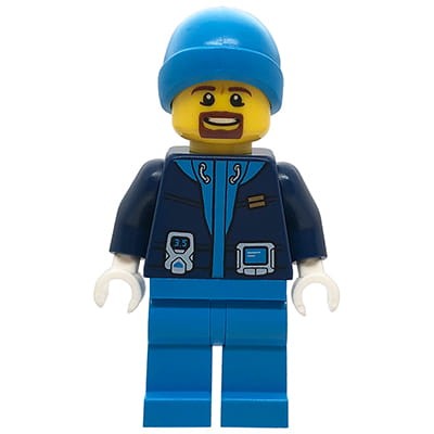 Mini figurka LEGO City mężczyzna lider ekspedycji polarnej w ciemnoniebieskiej kurtce i czapce
