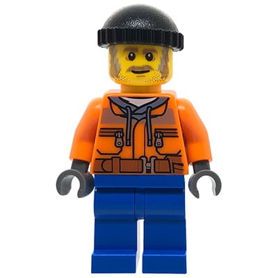 Mini figurka LEGO City pracownik budowy / robotnik / budowlaniec w pomarańczowej bluzie i czapce