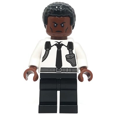 Minifigurka LEGO Marvel Super Heroes - Nick Fury w białej koszuli, z czarnym krawatem i kaburą.