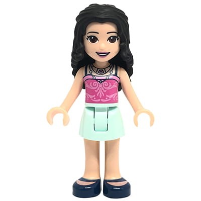 Mini figurka LEGO Friends dziewczynka Emma w jasnej (light aqua) spódniczce i w ciemnoróżowej koszulce we wzory.