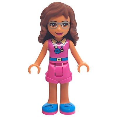 Mini figurka LEGO Friends dziewczynka Olivia w ciemnoróżowych spodenkach i ciemnoróżowym swetrze z kołnierzykiem.