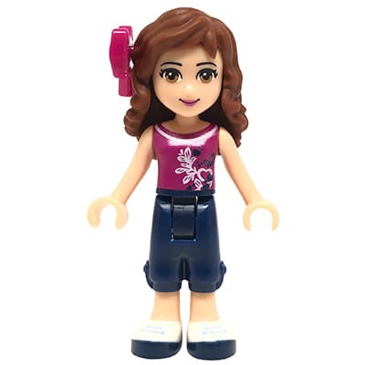 Mini figurka LEGO Friends Olivia w ciemnoniebieskich spodniach i różowej (magenta) koszulce.