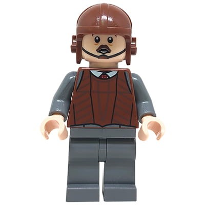 Mini figurka LEGO Harry Potter Jacob Kowalski w brązowej kamizelce ochronnej, z ciemnoszarymi nóżkami.