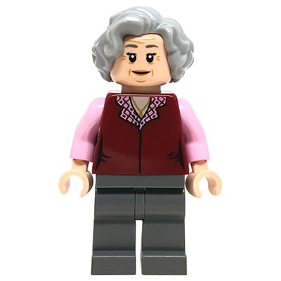 Mini figurka LEGO Harry Potter czarownica / pani z wózkiem w ciemnoczerwonej kamizelce i z ciemnoszarymi nóżkami, siwe włosy