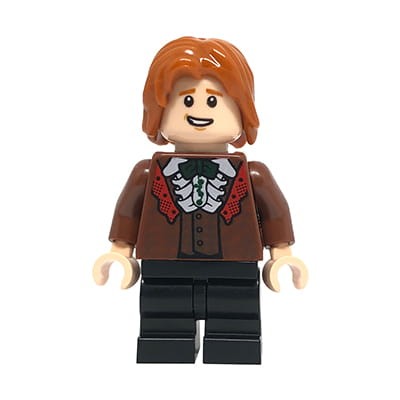 Mini figurka LEGO Harry Potter Ron Weasley w brązowej marynarce, w koszuli z żabotem.