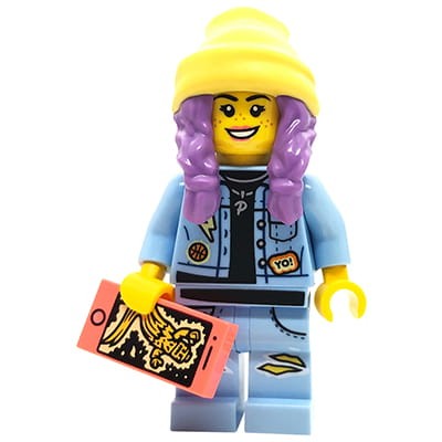 Minifigurka LEGO Hidden Side Parker L. Jackson w jasnoniebieskiej kurtce, z telefonem.