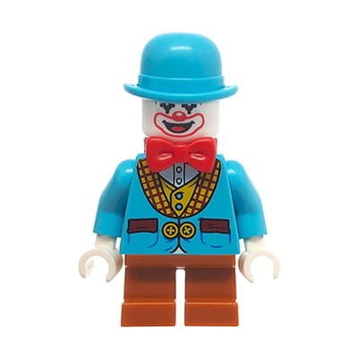 Minifigurka LEGO Hidden Side  klaun / cyrkowiec Jimbo Loblo w meloniku, z krótkimi nóżkami
