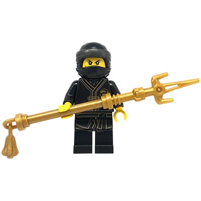 Minifigurka LEGO Ninjago Nya z bronią w czarnym stroju ze złotymi elementami i  z maska / chustą.