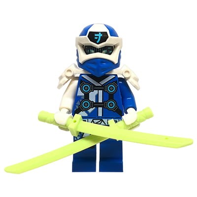 Mini figurka LEGO Ninjago ninja Digi Jay z dwoma katanami i z białymi naramiennikami, dwustronna główka.
