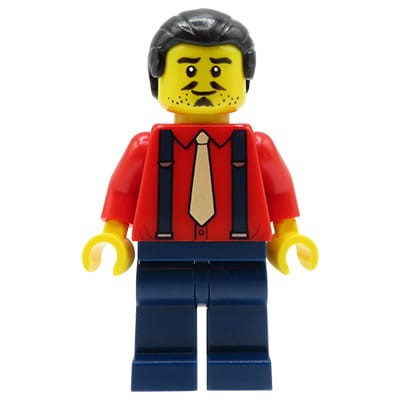 LEGO Ninjago - minifigurka Kaito / Mężczyzna, czerwona koszula z krawatem, granatowe spodnie, szelki, kozia bródka, wąsik, czarne włosy