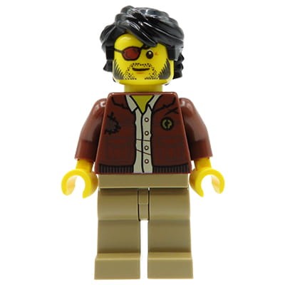 LEGO Ninjago - minifigurka Clutch Powers / Mężczyzna, opaska na oku, brązowa kurtka, beżowe spodnie, koszula, czarne włosy