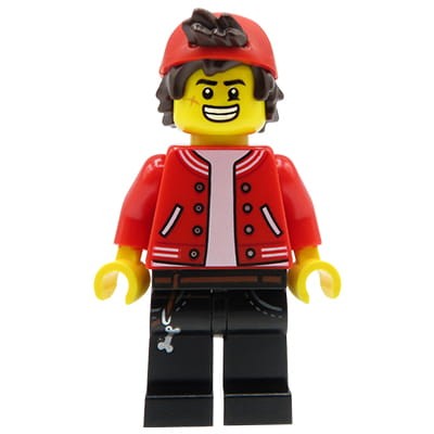LEGO Hidden Side - minifigurka nastolatek Jack Davids w czerwonej czapce z daszkiem, kurtce bejsbolówce, czarnych spodniach, szeroki uśmiech