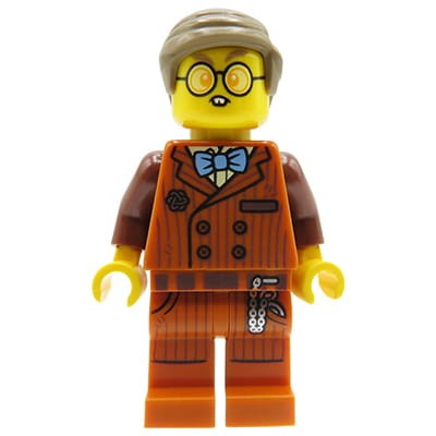 Minifigurka LEGO Mr. Clarke / Nauczyciel / Mężczyzna - brązowy garnitur (kamizelka i spodnie w paski), koszula, muszka, zaczesane na bok włosy, wystające zęby, okulary z grubymi szkłami