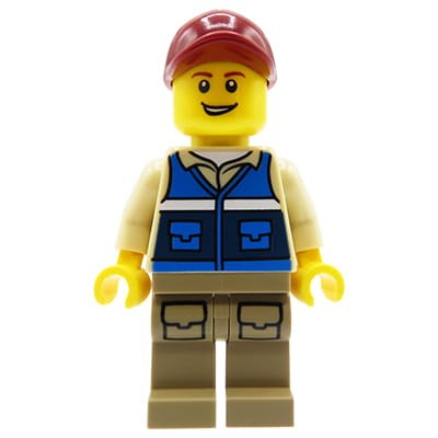 LEGO City - minifigurka Obrońca Zwierząt w beżowej koszuli, niebieskiej kamizelce, beżowych spodniach i bordowej czapce z daszkiem