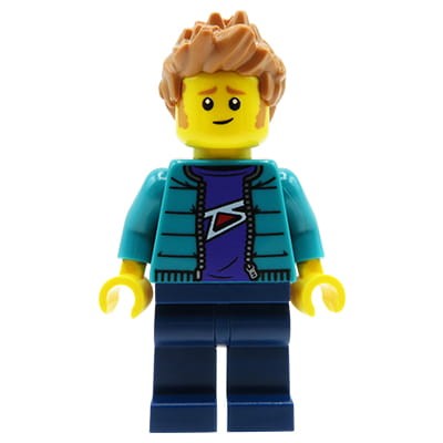 LEGO City - minifigurka Mężczyzna, jasne brązowe włosy (jeżyk), turkusowa pikowana kurtka, granatowe spodnie, delikatny uśmiech