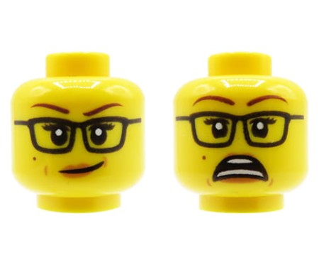 LEGO głowa / główka minifigurki - damska, okulary, dwustronna (delikatny uśmiech / przerażona mina)