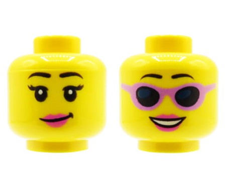 LEGO głowa / główka minifigurki - damska, różowe usta, dwustronna, (delikatny uśmiech / okulary przeciwsłoneczne i szeroki uśmiech z widocznymi zębami)