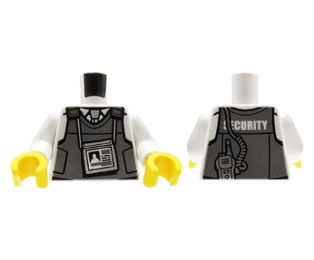LEGO tors minifigurki - ochroniarz, szara kamizelka taktyczna, radio, identyfikator, biała koszula, krawat