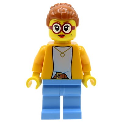 LEGO City - minifigurka Kobieta w okrągłych okularach z czerwonymi oprawkami, rude włosy, jasny pomarańczowy rozpięty sweter, naszyjnik, brązowy pasek, niebieskie spodnie