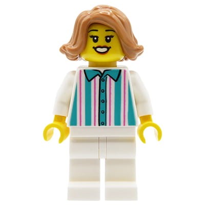 LEGO City - figurka Kobieta / Mama, jasne brązowe włosy, biała koszula w paski, białe spodnie, uśmiech