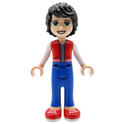 Minifigurka LEGO Friends chłopak / mężczyzna Jackson - jasna karnacja, czarne włosy, zielone oczy, czerwona sportowa kurtka, niebieskie spodnie