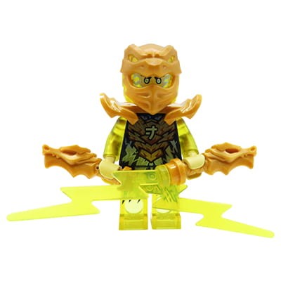 Minifigurka LEGO wojownik Jay Smoczy Ninja w złotym hełmie, naramiennikach z dwoma mieczami