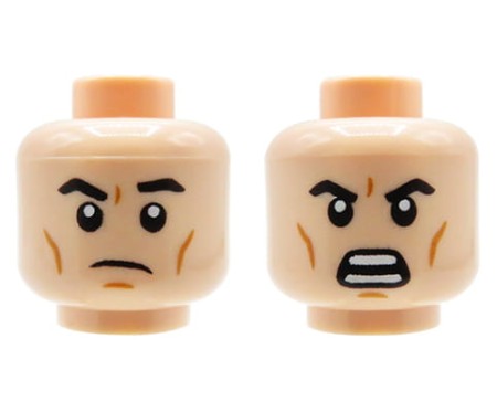 Głowa figurki LEGO jasna cielista (light nougat), mężczyzna, dwustronna (wkurzony, grymas / krzyczący, otwarta buzia).