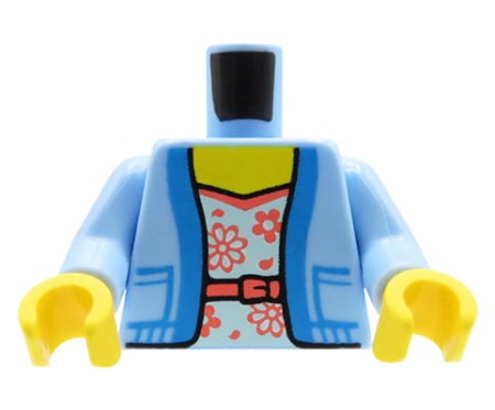 LEGO tors ludzika - niebieski sweter damski, rozpięty, bluzka w kwiatki