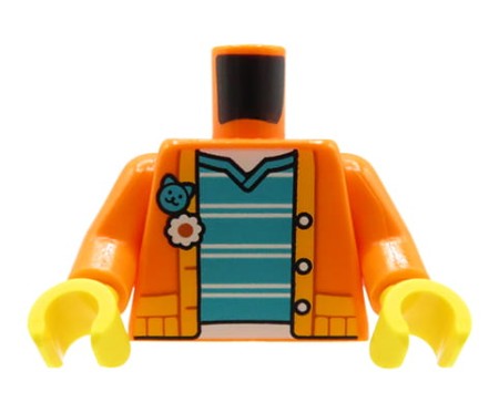 LEGO tors ludzika - damski pomarańczowy sweter, rozpięty, zielona koszulka w paski