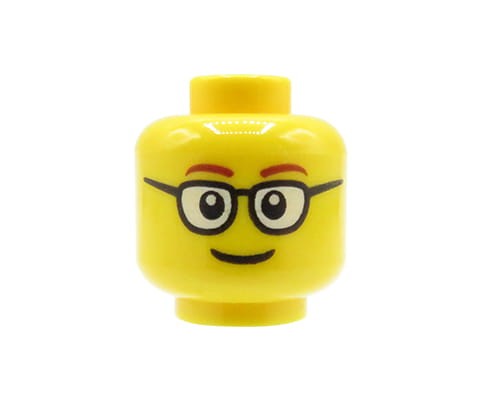 Zum Produkt Kopf einer LEGO Minifigur – männlich, Brille, Lächeln