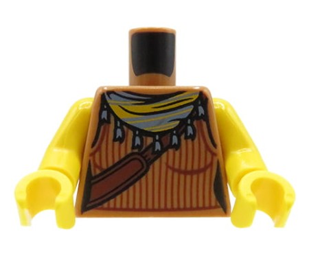 LEGO tors minifigurki - brązowy top damski, chusta z frędzlami, torba nerka