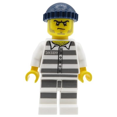LEGO City - figurka Złodziej / Więzień / Rabuś - więzienny kombinezon w paski, czarna czapka, skwaszona mina, zarost