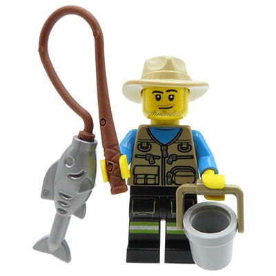 Customowa figurka z LEGO - Wędkarz w kapeluszu + wędka i wiadro