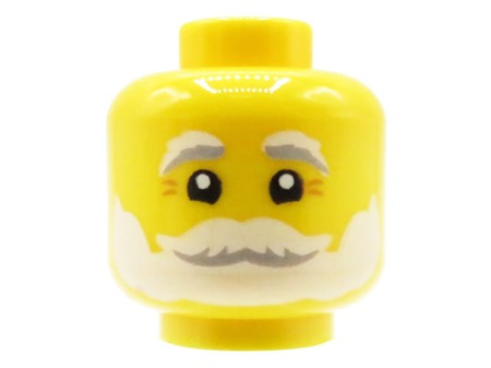 Głowa ludzika LEGO w kolorze żółtym, męska / dziadek, biała broda i wąsy