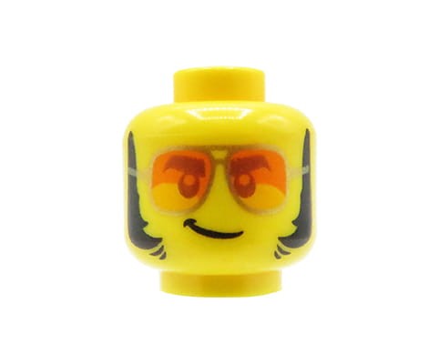 Zum Produkt Kopf einer LEGO Minifigur – Mann, Lächeln, Sonnenbrille, Koteletten