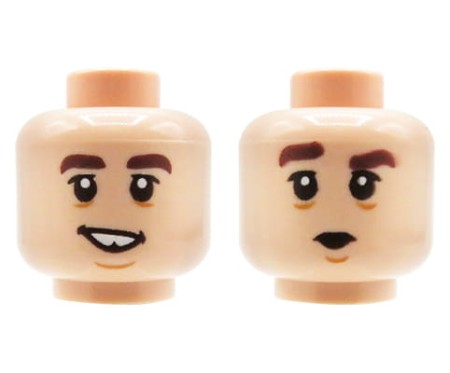 LEGO głowa / główka ludzika - męska, cielista, dwustronna, uśmiech / ściśnięte usta, grube brązowe brwi