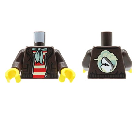 LEGO tors / brzuch ludzika - brązowa kurtka z rekinem na plecach, czerwona koszulka w paski, zielona apaszka
