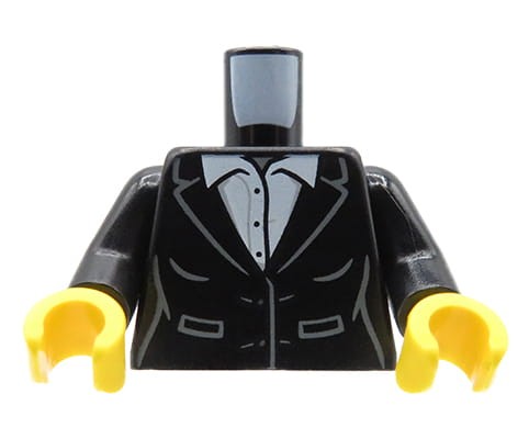 Zum Produkt Torso einer LEGO Minifigur – schwarze Anzugjacke, weißes Hemd mit Kragen