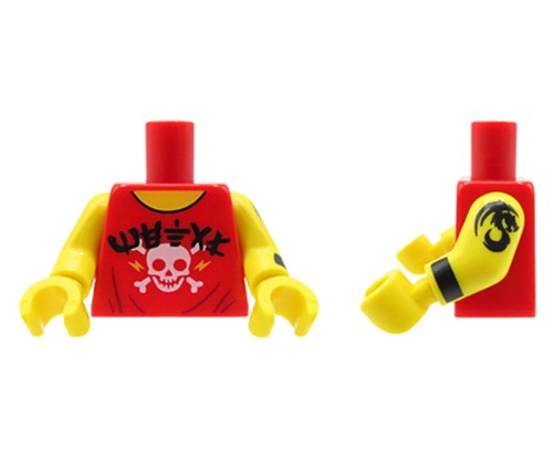 Zum Produkt Torso einer LEGO Minifigur – rotes T-Shirt mit Totenkopf, Tattoo auf der Hand