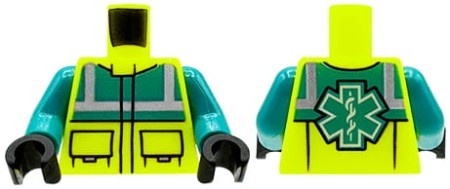 Tors / brzuch ludzika LEGO ratownik medyczny / sanitariusz - zielona jaskrawa kurtka z logiem ratownictwa medycznego na plecach