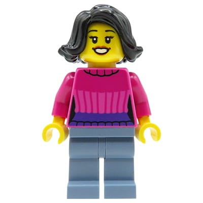 LEGO City - minifigurka Kobieta / Mama, czarne włosy, różowy sweter