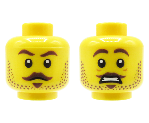 Zum Produkt Kopf einer LEGO Minifigur – Mann, Schnurrbart und Bartstoppeln