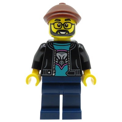 LEGO City - figurka Mężczyzna, broda i wąsy, okulary, czarna kurtka, kaszkiet