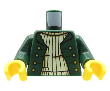 Tors ludzika LEGO ciemna zielona marynarka / kurtka ze złotymi guzikami, beżowy sweter.