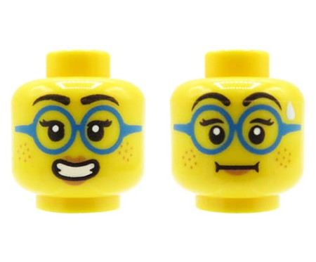 LEGO głowa / główka figurki - kobieta, okulary w okrągłych oprawkach, dwustronna (uśmiech / nautralna mina)