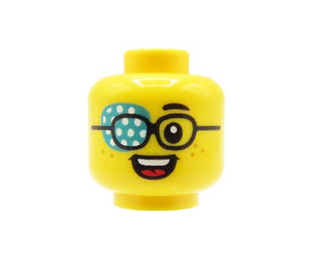 Głowa figurki LEGO w kolorze żółtym, dziecięca / chłopięca, okulary korekcyjne, kolorowy plaster zakrywający jedno oko.