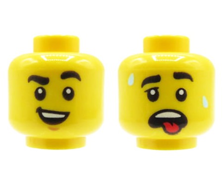 LEGO głowa / główka minifigurki dwustronna, męska, uśmieszek / otwarta buzia i wystawiony język